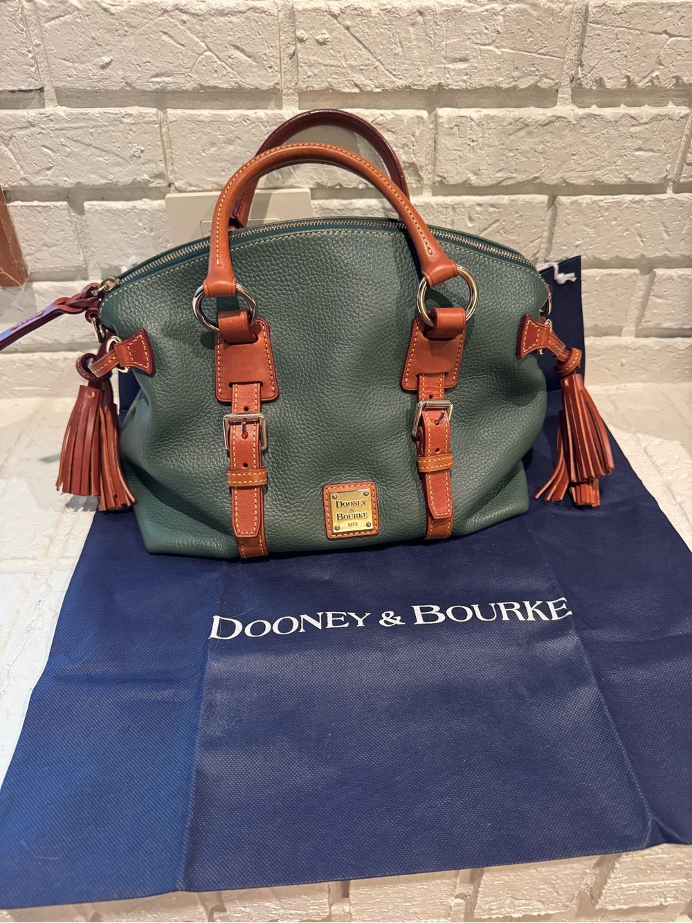 Dooney & Bourke Green Pebbled Leather Satchel with Brown Trim and Tassels